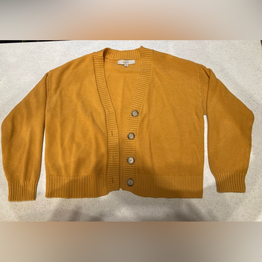 100% cotton, super cute LOFT mustard yellow cardigan with buttons